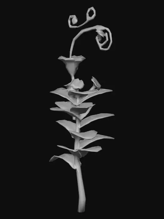 3D model for A static, stylized plant with an unusual, organic structure. The plant grows from a thick, twisted central stalk that splits into multiple curling tendrils or branches. Each branch supports clusters of layered, fan-shaped leaves or elongated, curved petals, arranged asymmetrically but balanced overall. Some leaves or petals twist gently around themselves, giving a sense of natural growth.

The texture is smooth, hand-painted or cell-shaded, with soft gradients and distinct color separation between stems, leaves, and petals. Shapes are clear and readable from any angle. The plant is fully static, grounded, and intended as a decorative or environmental asset.