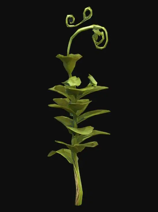 3D model for A static, stylized plant with an unusual, organic structure. The plant grows from a thick, twisted central stalk that splits into multiple curling tendrils or branches. Each branch supports clusters of layered, fan-shaped leaves or elongated, curved petals, arranged asymmetrically but balanced overall. Some leaves or petals twist gently around themselves, giving a sense of natural growth.

The texture is smooth, hand-painted or cell-shaded, with soft gradients and distinct color separation between stems, leaves, and petals. Shapes are clear and readable from any angle. The plant is fully static, grounded, and intended as a decorative or environmental asset.
