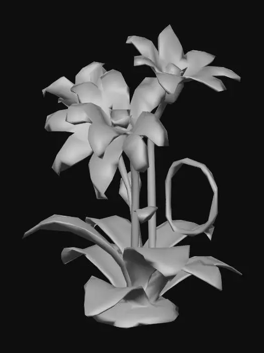 3D model for A stylized, fantastical plant designed as a static 3D prop. The plant has exaggerated, whimsical shapes: oversized leaves, twisting stems, layered petals or fronds, and a strong, readable silhouette. The geometry is organic but stylized, with smooth curves and distinct sections for leaves, flowers, or fruits.

Textures are hand-painted or cell-shaded, with bold color separation, subtle gradients, and clear material definition. The color palette is vibrant and fantasy-inspired, emphasizing the shape and structure of the plant. No animation, no particle effects, no glow — fully static and ready for placement in a stylized game or fantasy environment.

The base is solid and grounded, suitable for modular placement or scene decoration. All elements are coherent and readable from multiple angle