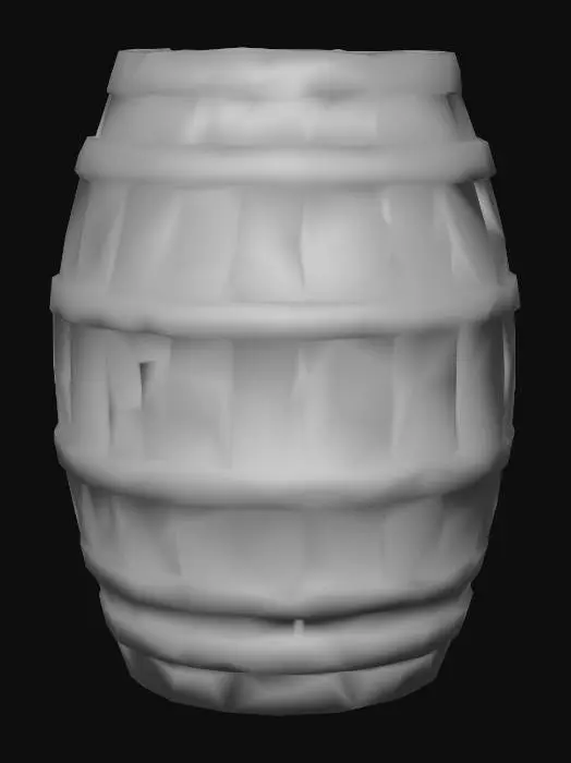 3D model for 3D model of a wooden barrel, MOBA fantasy style, inspired by League of Legends and Survive. Stylized textures with worn wood, metallic bands slightly rusted, colorful but realistic shading, high poly detail, cartoonish fantasy aesthetic, subtle mystical glow, suitable for in-game environment, cinematic lighting.