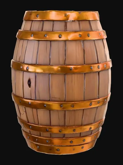 3D model for 3D model of a wooden barrel, MOBA fantasy style, inspired by League of Legends and Survive. Stylized textures with worn wood, metallic bands slightly rusted, colorful but realistic shading, high poly detail, cartoonish fantasy aesthetic, subtle mystical glow, suitable for in-game environment, cinematic lighting.