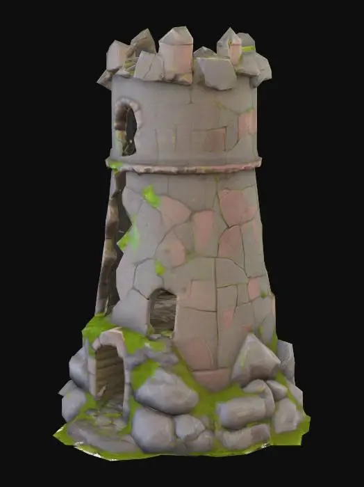 3D model for 3D model of a partially destroyed stone tower, MOBA fantasy style, inspired by League of Legends and Survive. Upper portion crumbled and broken, jagged edges, stylized stone texture with moss and cracks, colorful but slightly muted palette, high poly detail, fantasy realism, cinematic lighting, readable silhouette for in-game environment.