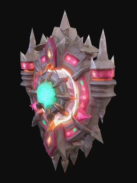 3D model for 3D model of a Nexus, MOBA fantasy style, inspired by League of Legends and Survive. Central magical heart protected by stone and metal structures, glowing core with mystical energy, stylized fantasy architecture, high poly detail, colorful fantasy lighting, readable silhouette for in-game importance, subtle damage marks.