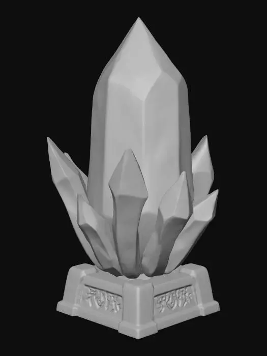 3D model for A static fantasy energy crystal, large faceted crystal with sharp geometric shapes, solid and clean design, glowing blue and violet interior without emission effects. No particles, no magical arcs, no floating shards. Placed on a simple stone pedestal with engraved runes. Clear silhouette, strong shape language, exaggerated proportions. Toon / cel-shaded anime style, hand-painted look, flat lighting, soft gradients, high color saturation, clear outlines. Non-photorealistic, game-ready 3D prop, readable from top-down view, fantasy MOBA environment.