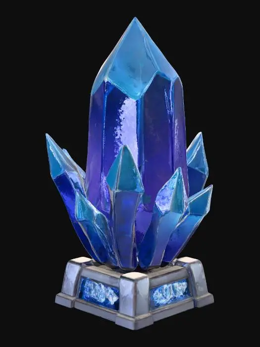 3D model for A static fantasy energy crystal, large faceted crystal with sharp geometric shapes, solid and clean design, glowing blue and violet interior without emission effects. No particles, no magical arcs, no floating shards. Placed on a simple stone pedestal with engraved runes. Clear silhouette, strong shape language, exaggerated proportions. Toon / cel-shaded anime style, hand-painted look, flat lighting, soft gradients, high color saturation, clear outlines. Non-photorealistic, game-ready 3D prop, readable from top-down view, fantasy MOBA environment.