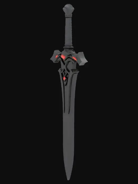 3D model for Stylized fantasy dagger for a MOBA/cartoon game. Short, thick blade with a strong forward curve, asymmetrical silhouette. The blade is wide at the base and narrows slightly toward a semi-rounded, blunt tip, giving a hooked, claw-like profile rather than a sharp point. Matte black or very dark gray blade, smooth surface with minimal engravings, no glow, no aura, no effects. Clear readable shape, exaggerated proportions, non-realistic. Guard is compact and angular with a red accent element at the base of the blade. Handle is short, segmented, slightly curved, designed for one-handed grip. Overall look is bold, clean, stylized, inspired by modern MOBA weapon design.