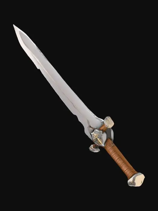 3D model for Stylized fantasy sword for a MOBA/cartoon game. Straight, medium-length blade with a thick, simplified profile and a slightly rounded tip for a non-realistic look. Matte steel or dark gray blade with smooth surfaces and minimal engravings. Simple crossguard with clean, chunky shapes. Wooden handle with a short, thick grip, visible stylized wood grain, and exaggerated proportions for readability. Subtle muted color accents, no ornament overload. No glow, no particles, no magical effects. Clean, bold silhouette focused on clarity and modern MOBA aesthetics.