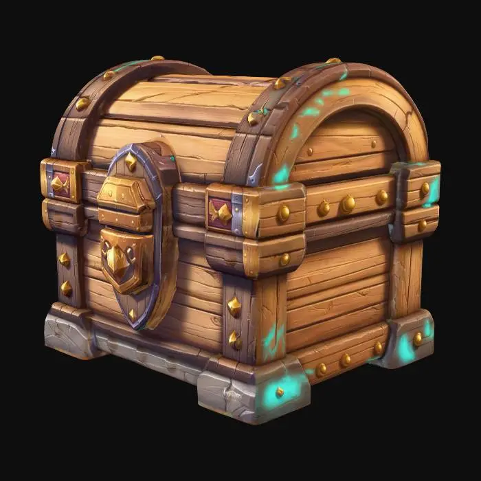 3D model for Create a stylized 3D isometric game prop: a wooden treasure chest matching the same League of Legends / Supervive-inspired hand-painted + cel-shaded art direction. Chunky readable shapes, slightly exaggerated bevels, clean edge highlights, soft gradient ramp shading, crisp ambient occlusion, subtle outline accents. Materials: warm oak planks with visible stylized wood grain, reinforced by dark iron bands and rivets, a simple lock plate, slightly worn corners, small scratches, no extreme damage. Keep it game-ready with medium-high detail and a clear silhouette. Consistent isometric/top-down lighting, neutral studio background, high resolution, sharp focus.