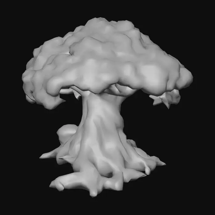 3D model for Create a stylized 3D isometric tree (single prop) matching the same League of Legends / Supervive-inspired hand-painted + cel-shaded art direction. One tree only, medium height, with a strong readable silhouette: chunky trunk with slight twist, thick roots flaring at the base, and a canopy made of large grouped leaf clumps (not individual leaves). Use clean planes, slightly exaggerated bevels, soft gradient ramp shading, crisp ambient occlusion, subtle outline accents, and clear edge highlights. Materials: warm brown bark with stylized grooves, canopy in fresh green with light-to-dark ramps; add a few subtle moss patches near roots, no fruit/flowers, no unique markings. Game-ready, medium-high detail, consistent isometric/top-down lighting, neutral studio background, high resolution, sharp