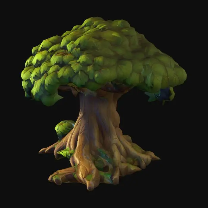 3D model for Create a stylized 3D isometric tree (single prop) matching the same League of Legends / Supervive-inspired hand-painted + cel-shaded art direction. One tree only, medium height, with a strong readable silhouette: chunky trunk with slight twist, thick roots flaring at the base, and a canopy made of large grouped leaf clumps (not individual leaves). Use clean planes, slightly exaggerated bevels, soft gradient ramp shading, crisp ambient occlusion, subtle outline accents, and clear edge highlights. Materials: warm brown bark with stylized grooves, canopy in fresh green with light-to-dark ramps; add a few subtle moss patches near roots, no fruit/flowers, no unique markings. Game-ready, medium-high detail, consistent isometric/top-down lighting, neutral studio background, high resolution, sharp