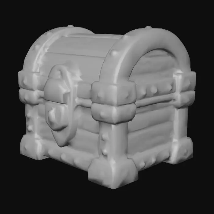 3D model for Create a stylized 3D isometric game prop: a wooden treasure chest matching the same League of Legends / Supervive-inspired hand-painted + cel-shaded art direction. Chunky readable shapes, slightly exaggerated bevels, clean edge highlights, soft gradient ramp shading, crisp ambient occlusion, subtle outline accents. Materials: warm oak planks with visible stylized wood grain, reinforced by dark iron bands and rivets, a simple lock plate, slightly worn corners, small scratches, no extreme damage. Keep it game-ready with medium-high detail and a clear silhouette. Consistent isometric/top-down lighting, neutral studio background, high resolution, sharp focus.
