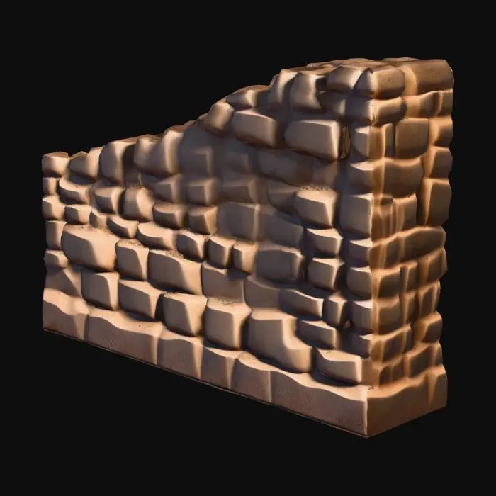 3D model for A stylized vertical dirt wall designed as a modular 3D tile for seamless repetition. The wall is fully vertical and intended to be used as an upright surface in level design.

The surface is made of compacted earth with soft, rounded forms and layered soil variations. Details are broad and subtle, with shallow grooves and gentle erosion marks, avoiding sharp edges or deep cracks that would break repetition.

The pattern is evenly distributed and non-directional, with no distinctive features that would reveal tiling when multiple tiles are placed together. All edges (top, bottom, left, right) are neutral and tileable, allowing seamless stacking in both directions.

Art style: light cell shading, soft color transitions, minimal texture noise. Stylized fantasy environment inspired by modern c