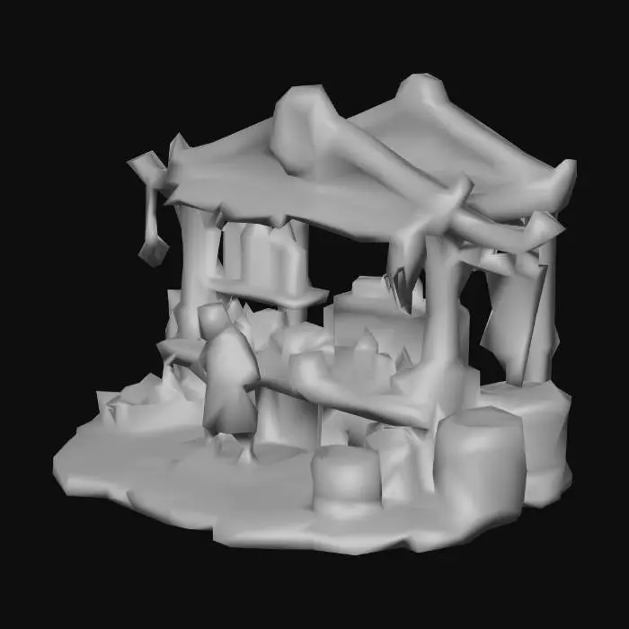 3D model for A stylized fantasy merchant stall with a static shopkeeper, designed as a single, fully modeled 3D prop. The focus is on the stall and its goods, but the vendor is present as an integral part of the scene. The shop structure is compact, wooden, with exaggerated, readable proportions and a whimsical silhouette.

The stall is overflowing with fantasy items: glowing potion bottles, scrolls tied with ribbons, coins, gemstones, small enchanted artifacts, hanging charms, crates, barrels, and cloth banners. Objects are slightly oversized, carefully arranged to be dense but visually clear.

The shopkeeper stands behind the counter in a neutral pose, stylized to match the stall: simplified proportions, hand-painted textures, bold color separation, clear silhouette, minimal facial detail. The charac