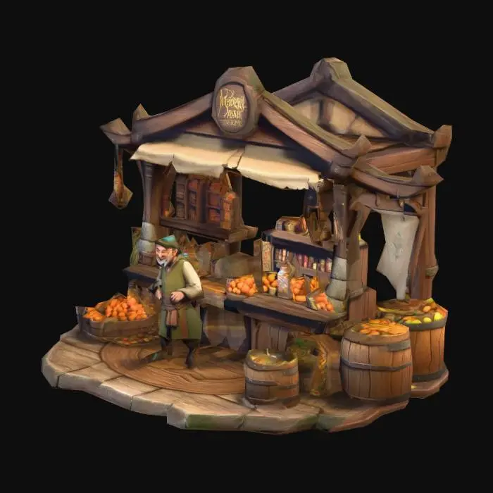 3D model for A stylized fantasy merchant stall with a static shopkeeper, designed as a single, fully modeled 3D prop. The focus is on the stall and its goods, but the vendor is present as an integral part of the scene. The shop structure is compact, wooden, with exaggerated, readable proportions and a whimsical silhouette.

The stall is overflowing with fantasy items: glowing potion bottles, scrolls tied with ribbons, coins, gemstones, small enchanted artifacts, hanging charms, crates, barrels, and cloth banners. Objects are slightly oversized, carefully arranged to be dense but visually clear.

The shopkeeper stands behind the counter in a neutral pose, stylized to match the stall: simplified proportions, hand-painted textures, bold color separation, clear silhouette, minimal facial detail. The charac