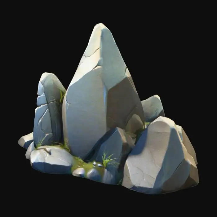 3D model for A stylized, static rock designed as a 3D prop. The rock has exaggerated, angular shapes with smooth, readable surfaces and distinct facets. It is irregular but balanced, giving a natural yet stylized appearance. Some edges are slightly rounded while others are sharp, emphasizing form and volume.
Textures are hand-painted or cell-shaded, with subtle color gradients, clear separation between shadows and highlights, and minimal surface detail to maintain a graphic style. The color palette is earthy, with hints of fantasy tones if desired (e.g., slightly purple or green undertones).
The rock is fully static, grounded, and modular, suitable for placement in stylized environments such as fantasy landscapes, mountains, or deserts.
