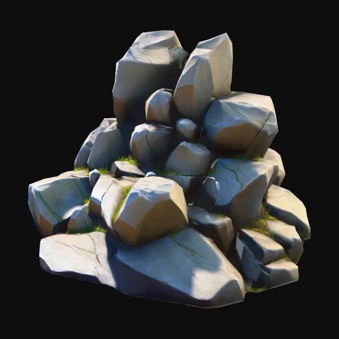 3D model for A stylized cluster of static rocks designed as a 3D prop. The group contains multiple rocks of varying sizes and shapes, arranged naturally but with a balanced composition. Each rock has exaggerated, angular forms with smooth surfaces and distinct facets, some edges rounded, some sharp, to emphasize volume and readability.
Textures are hand-painted or cell-shaded, with clear color separation, subtle gradients, and minimal surface detail to maintain a stylized, graphic look. The rocks can have earthy tones with optional slight fantasy color hints, like muted purples or greens, to make the cluster visually interesting.
The cluster is fully static, grounded, and modular, suitable for placement in stylized fantasy or adventure environments. The composition should feel cohesive as a single un