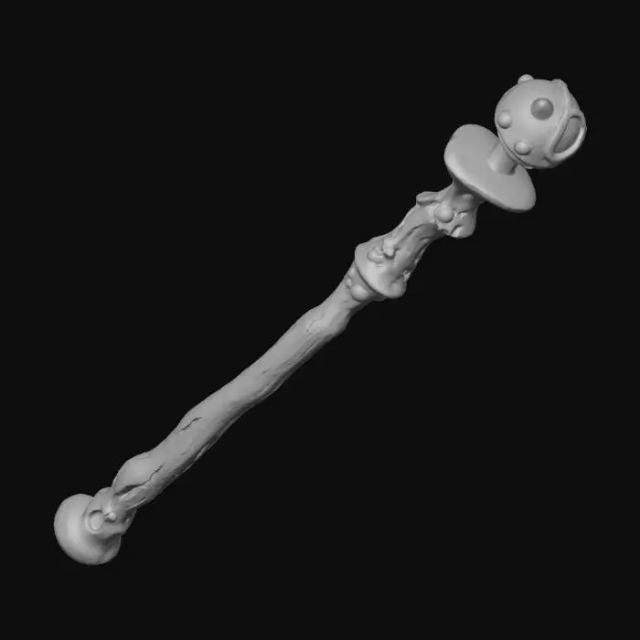 3D model for Stylized ancient fantasy wooden magic staff for a MOBA/cartoon game. Medium to long staff with a thick, readable silhouette and exaggerated proportions. Made of dark, aged wood with large, simplified grain shapes and slight natural bends. The top features a bulky, semi-rounded wooden head, asymmetrical and carved, resembling an old arcane focus rather than a crystal. No glow, no particles, no magical effects. Surface details are minimal and stylized, with a few carved grooves or bands. Subtle muted color accents (dark red or faded purple). Clean, bold, non-realistic design focused on silhouette clarity and old fantasy aesthetics.