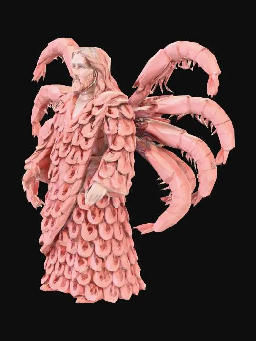 3D model for 3d origami of a bearded man made entirely of pink shrimp, Shrimp King