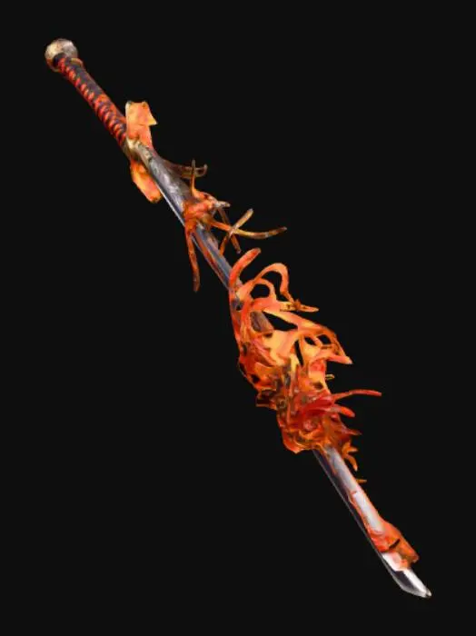 3D model for Una espada con una hoja ancha de acero oscuro, envuelta en un fuego místico perpetuo. Llamas vibrantes, en tonos de naranja, rojo y amarillo intenso, se arremolinan y danzan constantemente alrededor del filo, emitiendo un resplandor cálido y un calor palpable. Su textura es etérea y dinámica, distorsionando el aire circundante. La empuñadura está firmemente envuelta en cuero áspero y negro para un agarre seguro. La guarda y el pomo son de metal bruñido, robustos y funcionales, contrastando con el ardiente brillo de la hoja.
