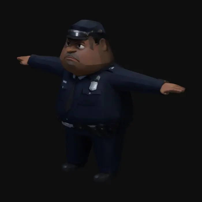 3D model for low poly 3d render, anime inspired, full body black cop in t pose, looks. like forest Whitaker