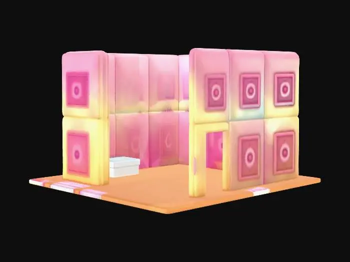 3D model for Product shot showing off how large the prop is from an angle looking upwards of a single, isolated 80's style unique strange modular building piece prop, toon town aethestic, prop in a empty gray sleek scene. Shot on a high-grade Nikon camera. Style: Crafted entirely from soft/fuzzy materials (felt, vibrant carpet, yarn). nostalgic vibrant vibe, bright, simple colors. Miniature scale cues (tilt-shift , highlighting fidelity and detail of the props matieral), slight imperfection (handmade vibe).