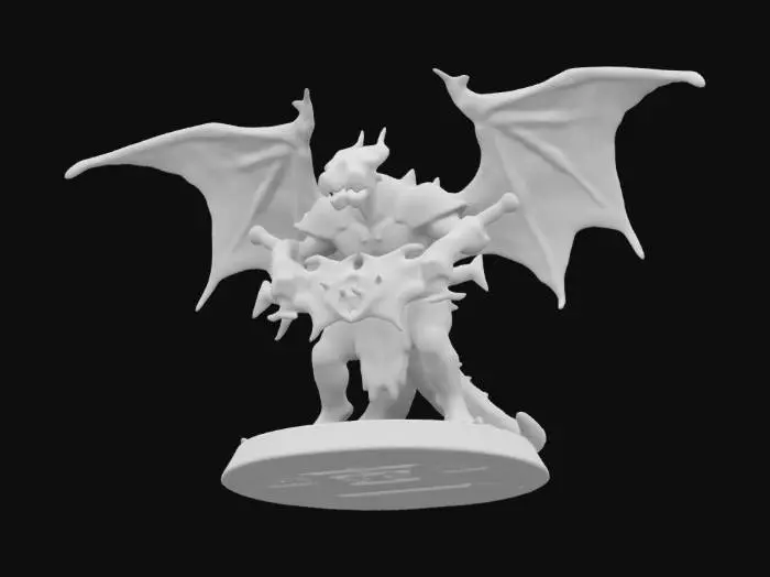 3D model for Ein Drachenkrieger mit Fledermausflügel in einer schweren Metallrüstung  und trägt ein glühendes geschmiedetes Eisenschwert und steht auf einem Schieferstein. #ChronoForgeWeapon#