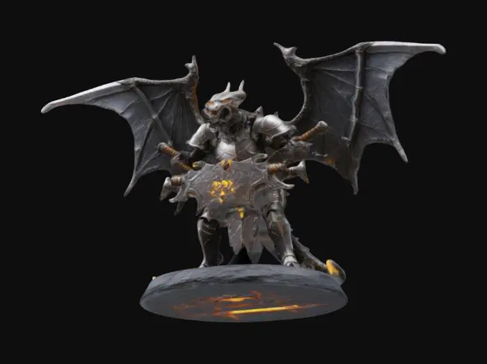3D model for Ein Drachenkrieger mit Fledermausflügel in einer schweren Metallrüstung  und trägt ein glühendes geschmiedetes Eisenschwert und steht auf einem Schieferstein. #ChronoForgeWeapon#