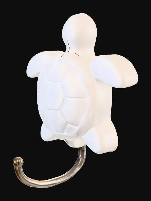3D model for Wall-mounted hook shaped like a minimalist turtle. Smooth rounded turtle shell as the base, flat back for mounting, with a curved turtle head extending outward to act as the hook. Optional small flippers for decoration. Clean organic design, sturdy and minimal. Do not add headphones, accessories, rough surfaces, bumps, or complex textures.