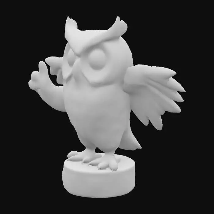 3D model for A Cartoon style Great horned owl with overly large eyes statue giving a thumbs up on a pedestal.
