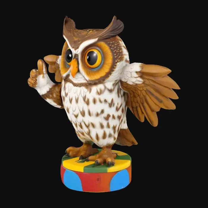 3D model for A Cartoon style Great horned owl with overly large eyes statue giving a thumbs up on a pedestal.