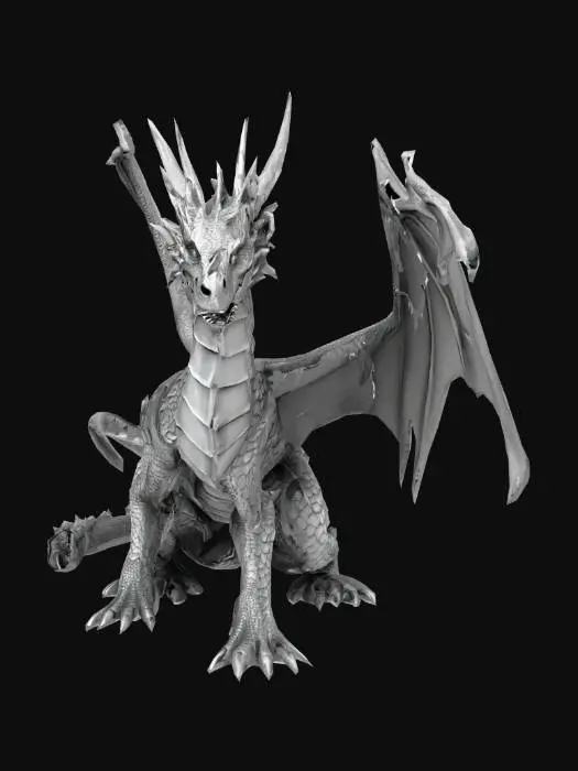 3D model for A highly detailed dragon with realistic textures on its scales, horns, and skin. The design is monochrome or grayscale, without vibrant colors, focusing on form and structure. The dragon has sharp horns, layered scales, and a powerful, majestic posture. The textures are rich and intricate, emphasizing the creature’s anatomy and fantasy design. Semi-realistic style, digital art, high detail, textured surface, grayscale, no bright colors, no stylization.