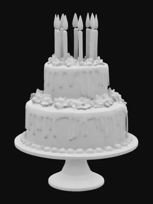 3D model for crear un pastel de cumpleaños, morado, de dos pisos, y con velas que este decorado 