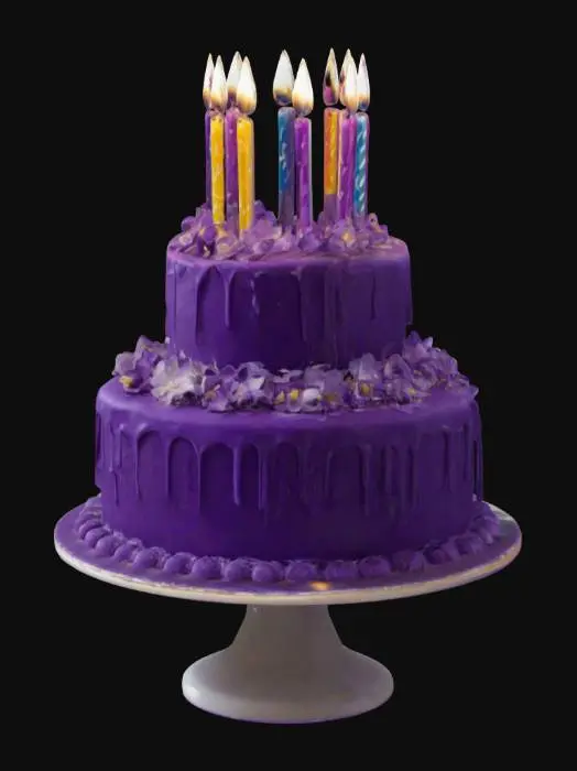 3D model for crear un pastel de cumpleaños, morado, de dos pisos, y con velas que este decorado 