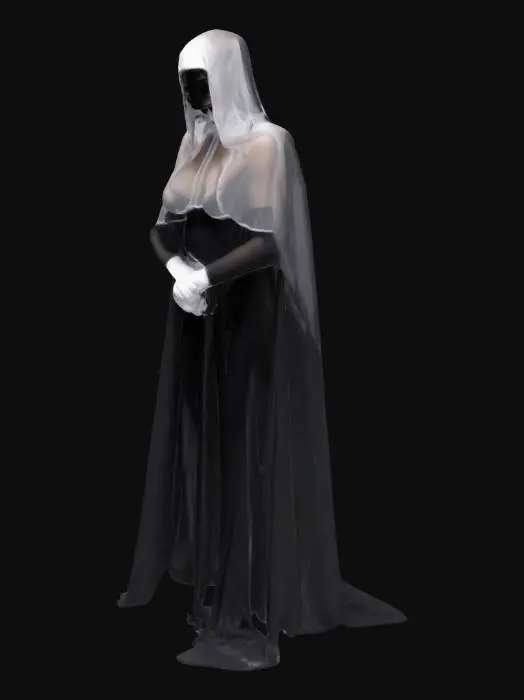 3D model for Solo, 1girl, tall women, cape over body, black nun outfits, long skirt, faceless, white gloves, veil face /(Veil covered face)\, long cape, \(cape covering full body/), cape touch the ground, used cape to covered, kiss