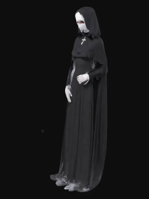 3D model for Solo, 1girl, tall women, cape over body, black nun outfits, long skirt, faceless, white gloves, veil face /(Veil covered face)\, long cape, \(cape covering full body/), cape touch the ground, used cape to covered, kiss