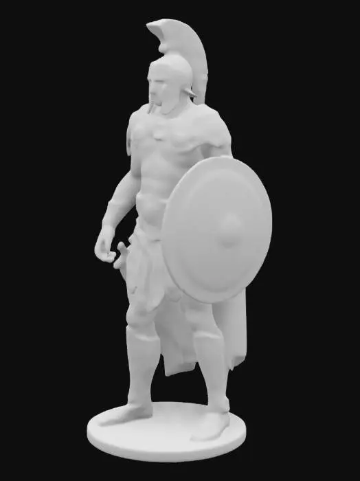 3D model for Erstelle ein Bild, das einen spartanischen Krieger in höchst realistischem Stil zeigt. Der Krieger soll in traditioneller Rüstung und mit entschlossenem Blick dargestellt werden, als wäre er aus Marmor gemeißelt. Der Stil erinnert an Werke von Da Vinci oder anderen großen Meistern der Renaissance – mit detailreichen Muskeln, fein modellierten Gesichtszügen und meisterhafter Schattierung.