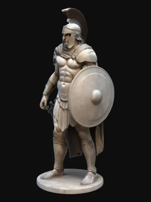 3D model for Erstelle ein Bild, das einen spartanischen Krieger in höchst realistischem Stil zeigt. Der Krieger soll in traditioneller Rüstung und mit entschlossenem Blick dargestellt werden, als wäre er aus Marmor gemeißelt. Der Stil erinnert an Werke von Da Vinci oder anderen großen Meistern der Renaissance – mit detailreichen Muskeln, fein modellierten Gesichtszügen und meisterhafter Schattierung.