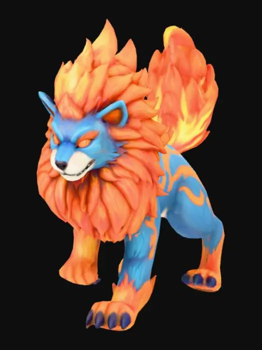 3D model for A powerful fusion between an Entei and a Raikou pokemon. Highly detailed, fantasy, polished, full body
