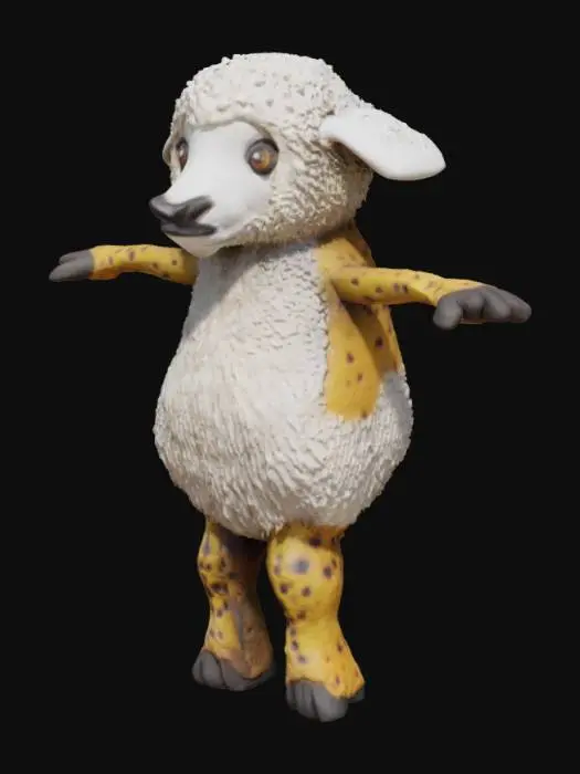 3D model for A fantastical creature with the upper body of a sheep, featuring a fluffy white coat and a gentle face with a black nose and big brown eyes, and the lower body of a cheetah, showcasing sleek golden fur with black spots and powerful legs, stands in a majestic pose on a sun-kissed savannah, surrounded by tall grasses and acacia trees, with a warm golden light casting a long shadow behind it, emphasizing its unique hybrid form.