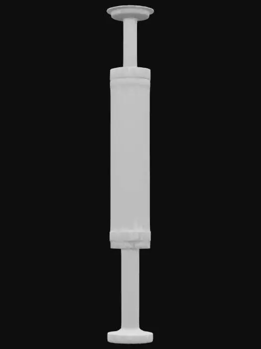 3D model for A worn-out, dirty medical syringe with a cracked glass barrel, rusted metal plunger, and faded red health symbol. The plastic is yellowed with age, and some dry blood stains are visible on the needle and body. Apocalyptic, survival-horror style. 3D game asset, PBR texture style, realistic proportions, isolated on white background.