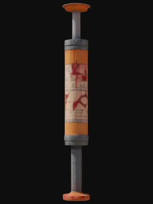 3D model for A worn-out, dirty medical syringe with a cracked glass barrel, rusted metal plunger, and faded red health symbol. The plastic is yellowed with age, and some dry blood stains are visible on the needle and body. Apocalyptic, survival-horror style. 3D game asset, PBR texture style, realistic proportions, isolated on white background.