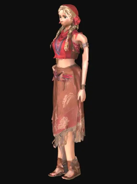 3D model for 3d model showing a female hippie adult woman with blond hair, wearing a bandanna, top, and a boho skirt, and sandals.