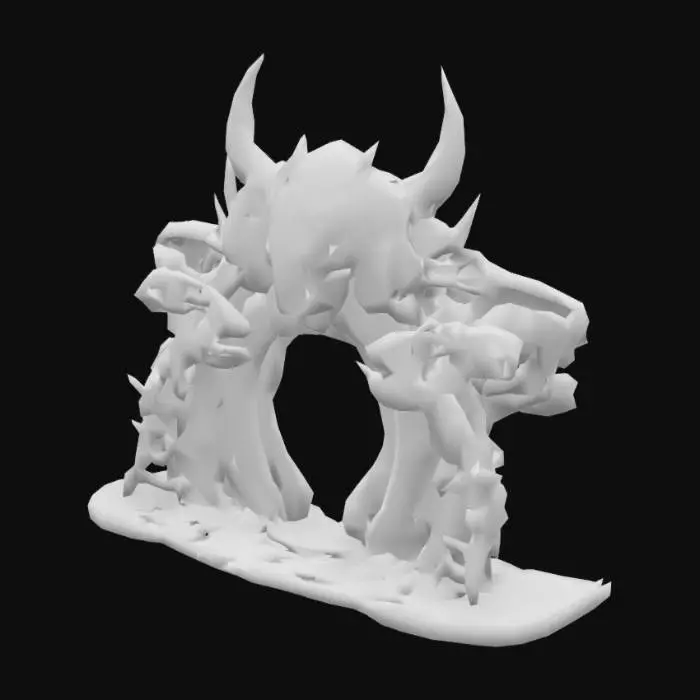 3D model for "Un maestoso arco alieno high-tech, le cui colonne sono due mostri xenoformi viventi, scolpiti in una lega metallica organica nera e viola, con occhi bioluminescenti che emettono un bagliore turchese. L'arco è decorato con rune aliene pulsanti di energia, mentre tra le fauci dei mostri si estende un portale olografico con motivi a fractal. Il pavimento è di marmo bianco con intricate venature azzurre fluorescenti, incastonato con cristalli di ametista grezzi che emanano una luce violetta. L'ambiente è immerso in una nebbia luminescente, con raggi di luce che filtrano da un cielo violaceo. Stile iper-detagliato, fusione tra HR Giger e Simon Stålenhag, colori freddi con accenti elettrici."

, #arch#