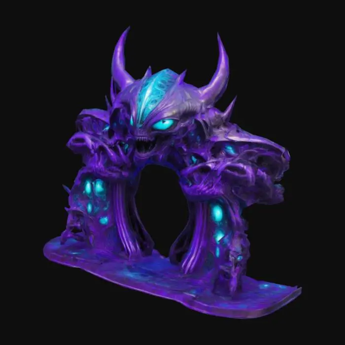 3D model for "Un maestoso arco alieno high-tech, le cui colonne sono due mostri xenoformi viventi, scolpiti in una lega metallica organica nera e viola, con occhi bioluminescenti che emettono un bagliore turchese. L'arco è decorato con rune aliene pulsanti di energia, mentre tra le fauci dei mostri si estende un portale olografico con motivi a fractal. Il pavimento è di marmo bianco con intricate venature azzurre fluorescenti, incastonato con cristalli di ametista grezzi che emanano una luce violetta. L'ambiente è immerso in una nebbia luminescente, con raggi di luce che filtrano da un cielo violaceo. Stile iper-detagliato, fusione tra HR Giger e Simon Stålenhag, colori freddi con accenti elettrici."

, #arch#