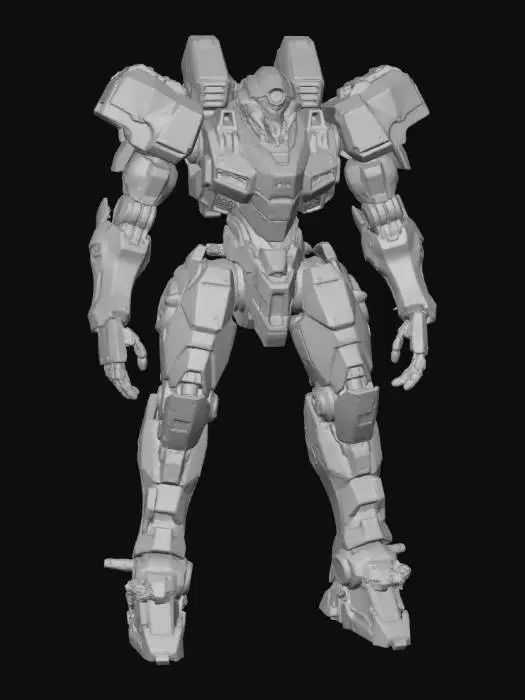 3D model for dystopian mech, inspired by armored core, battle worn black paint. no weapon, bare hands, include backpack, no upper vents, mono eye head. thrusters built into the shoulders, armor plates. humanoid,
boosters built into shoulders.