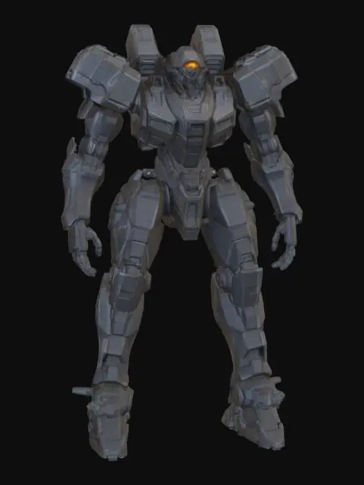 3D model for dystopian mech, inspired by armored core, battle worn black paint. no weapon, bare hands, include backpack, no upper vents, mono eye head. thrusters built into the shoulders, armor plates. humanoid,
boosters built into shoulders.