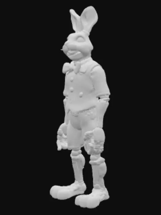 3D model for Ultra-realistic 3D model of a creepy anthropomorphic rabbit animatronic inspired by Glitchtrap from FNAF. Worn dirty fabric, visible stitches, rusted joints, chipped paint, dust buildup. Purple bow tie and vest with faded patterns, two black buttons. Frayed rabbit ears, unsettling smile with damaged teeth, glassy glowing purple eyes. Add subtle digital glitches: texture tearing, pixel shift, RGB split, scanlines. Cinematic lighting, PBR textures, full-body, neutral pose, no background, transparent PNG.