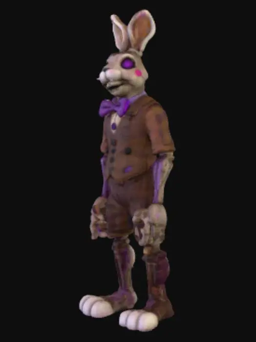 3D model for Ultra-realistic 3D model of a creepy anthropomorphic rabbit animatronic inspired by Glitchtrap from FNAF. Worn dirty fabric, visible stitches, rusted joints, chipped paint, dust buildup. Purple bow tie and vest with faded patterns, two black buttons. Frayed rabbit ears, unsettling smile with damaged teeth, glassy glowing purple eyes. Add subtle digital glitches: texture tearing, pixel shift, RGB split, scanlines. Cinematic lighting, PBR textures, full-body, neutral pose, no background, transparent PNG.