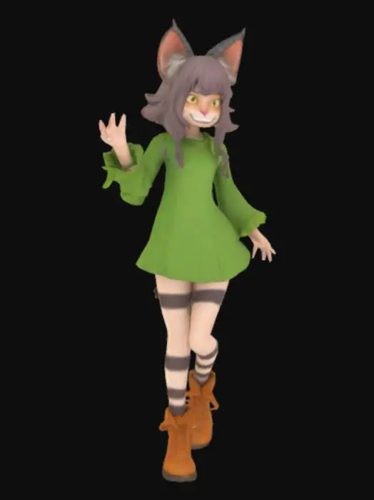 3D model for Happy werecat beast girl in forest.