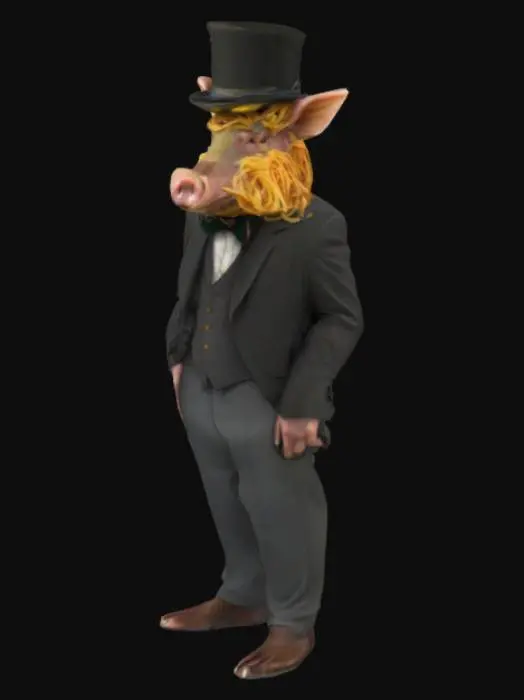 3D model for Lotr themed, creature that is mix of wild hog and spagheti, wearing a nice hat and a businessuit.